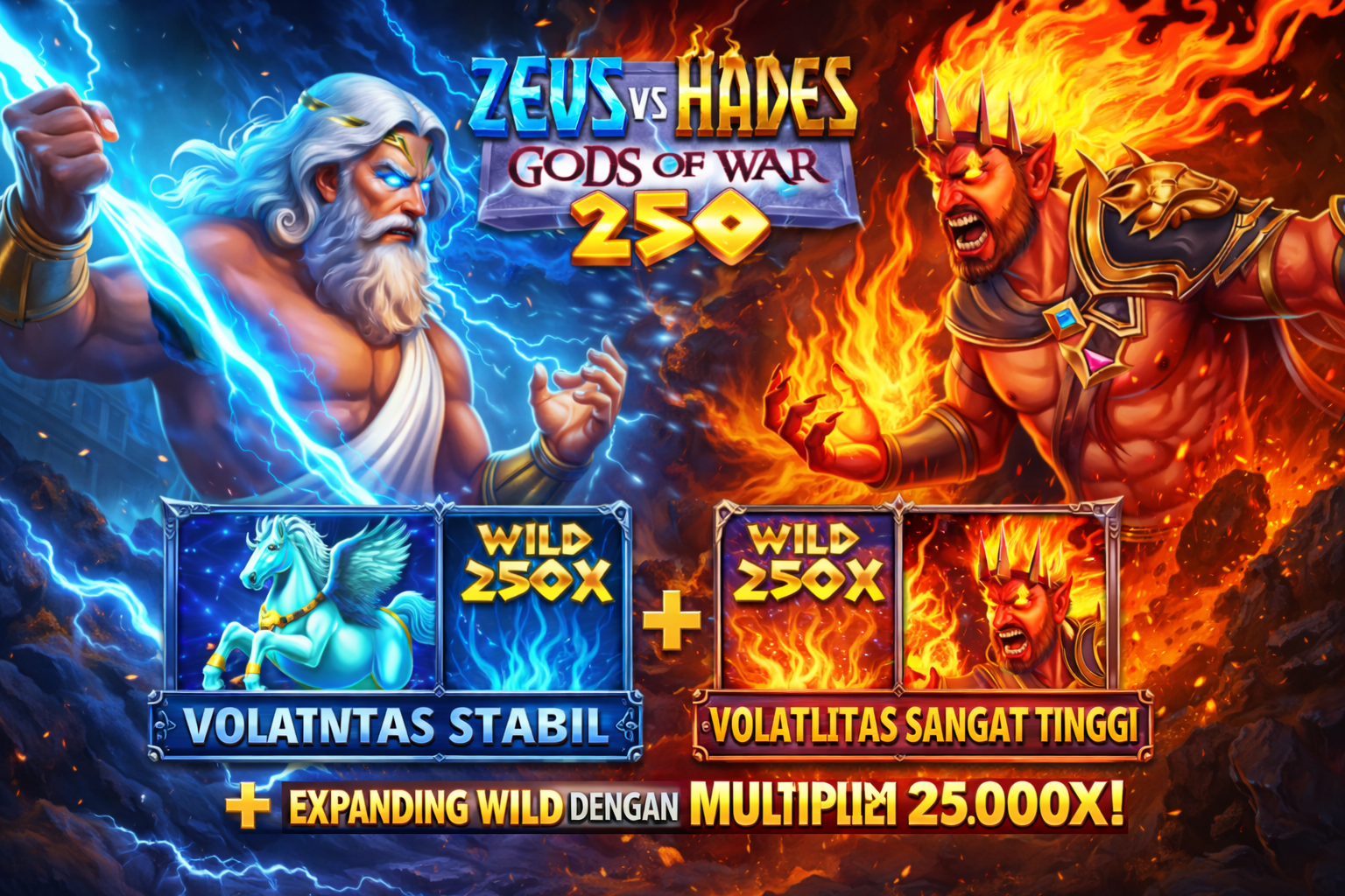 Zeus vs Hades – Gods of War 250: Pertarungan Dewa dengan Pilihan Volatilitas yang Bikin Tegang